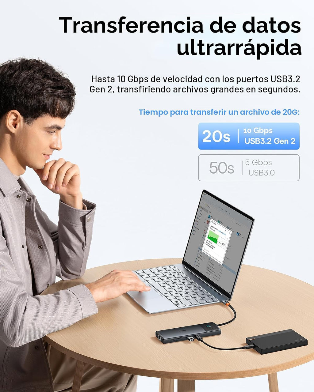 Baseus Estación de acoplamiento con monitor doble, estación de acoplamiento 10 Gbps 10 en 1 con 2 HDMI individual 4K @120Hz, dual 4K @ 60Hz, 10Gbps USB C y USB A, Gigabit Ethernet, PD 100W, SD/TF para