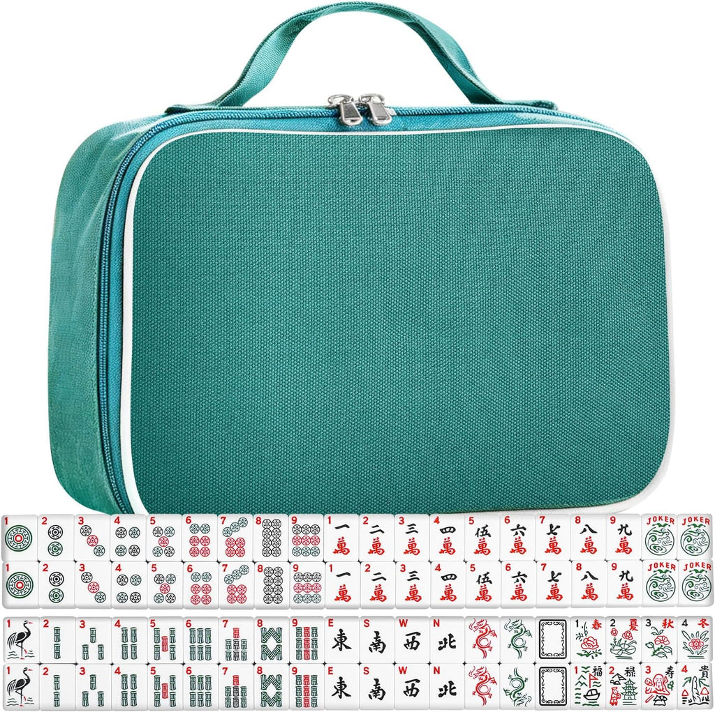 Juego de mahjong americano prémium con bolsa de transporte duradera verde, 166 azulejos blancos, incluye fichas y dados, juego de azulejos Mahjong portátil de viaje completo