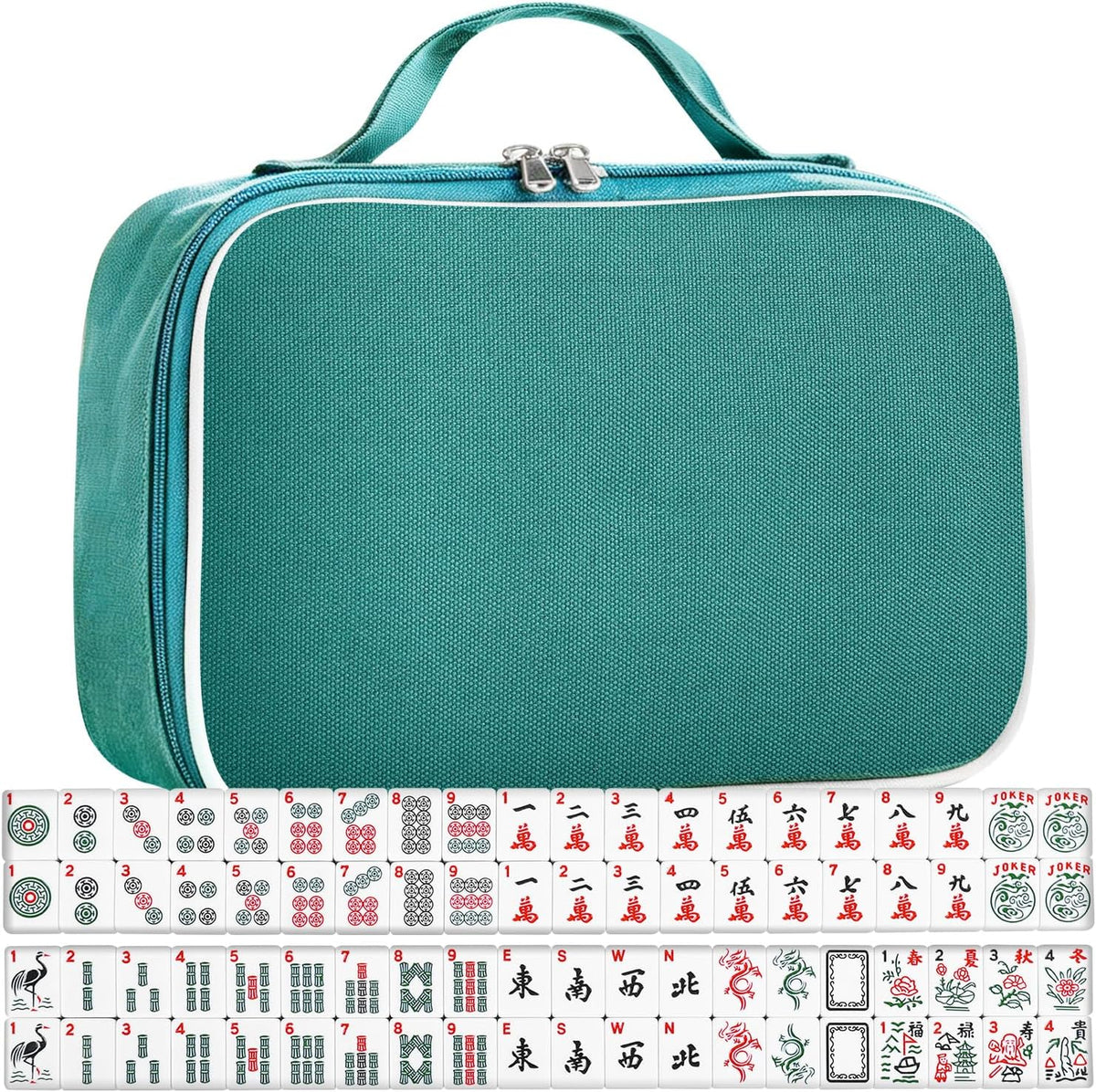 Juego de mahjong americano prémium con bolsa de transporte duradera verde, 166 azulejos blancos, incluye fichas y dados, juego de azulejos Mahjong portátil de viaje completo