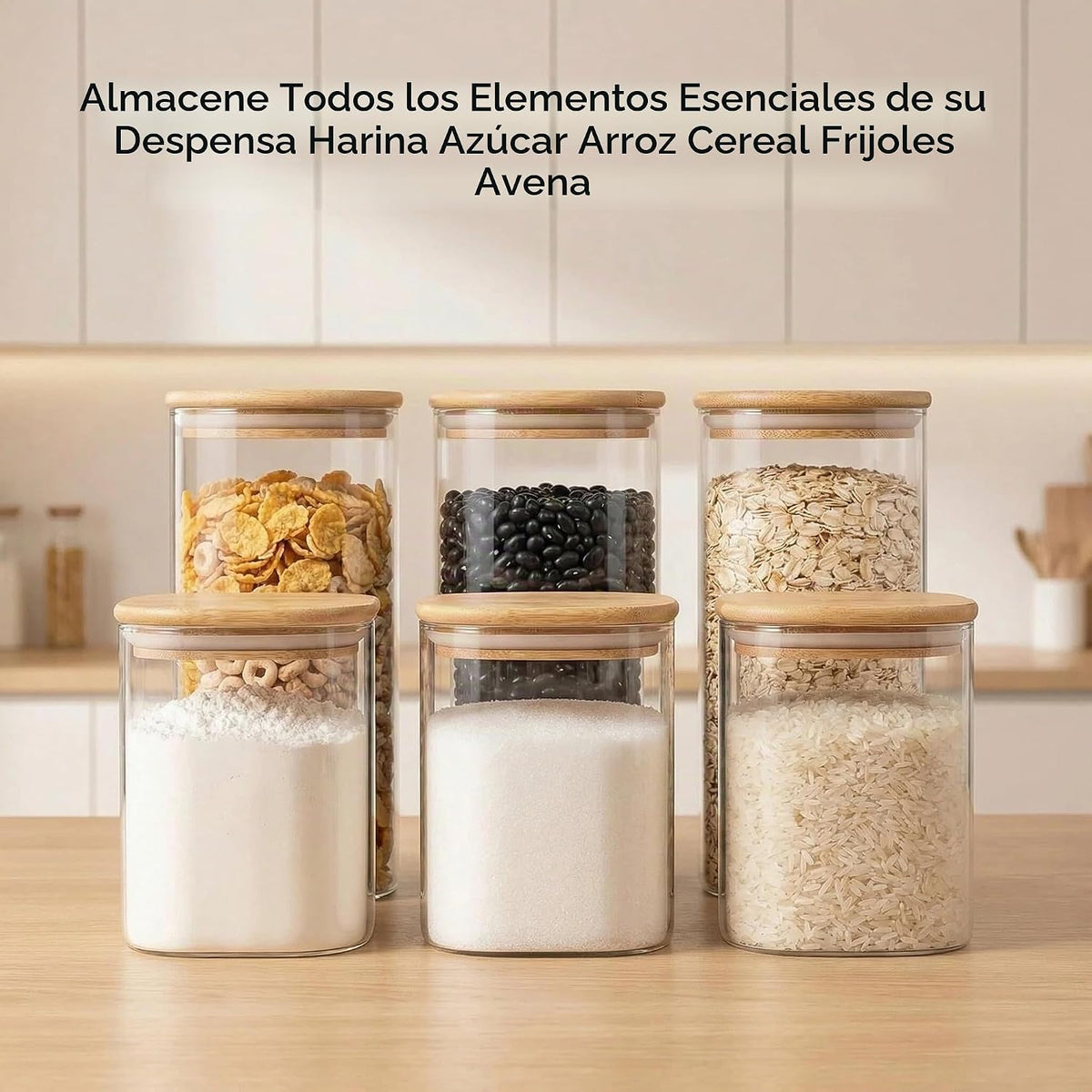 Juego de 6 recipientes herméticos de vidrio con tapas de 25/37/50 onzas con tapas de bambú, juego de recipientes de cocina para organización de despensa, almacenamiento de alimentos para harina