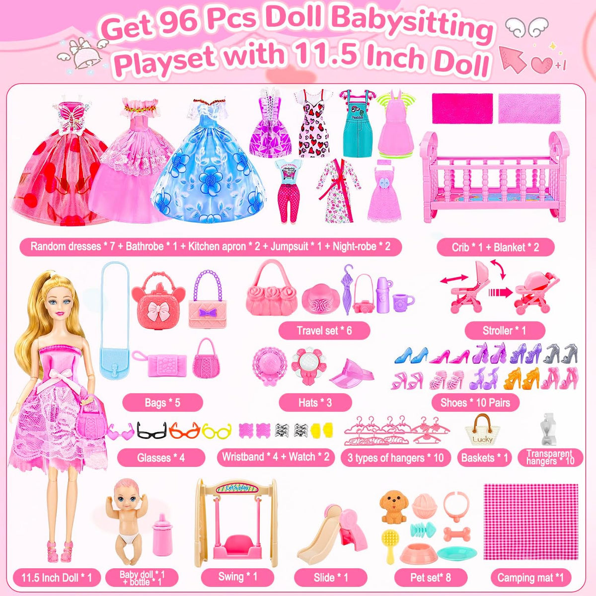 Set de juego de muñecas de 96 piezas con muñeca, ropa y accesorios