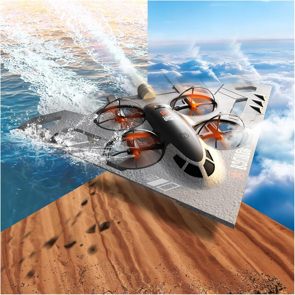 Drone RC 3 en 1 para Land Sea Air, avión de control remoto H20 con luces frías, giro de 360°, 3 modos de conducción y protección contra colisiones, juguete de espuma RC Drone regalo para niño y niña, plateado