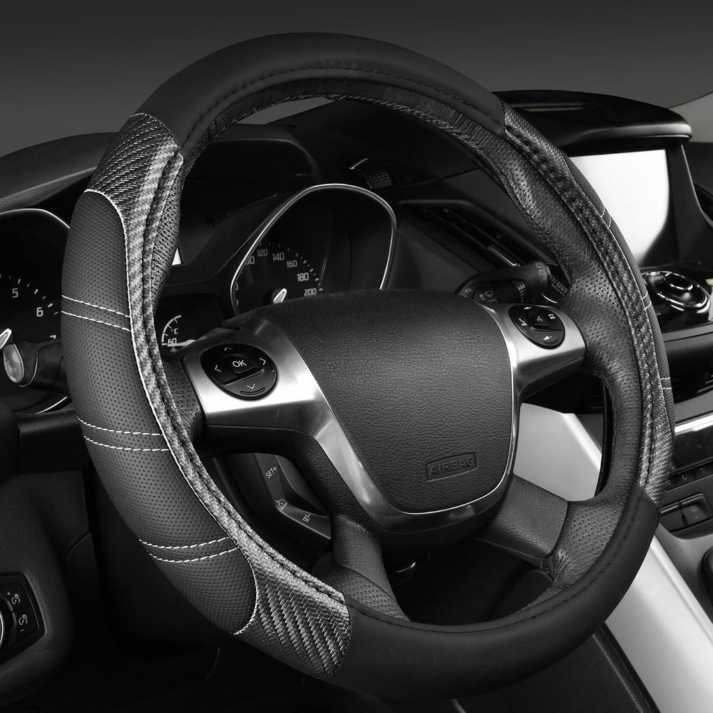 CAR PASS Funda de cuero para volante y alfombrillas impermeables para automóvil, combo universal de microfibra para autos que se adapta al 95 % de sedanes, SUV, vehículos, 14.5-15 pulgadas, diseño