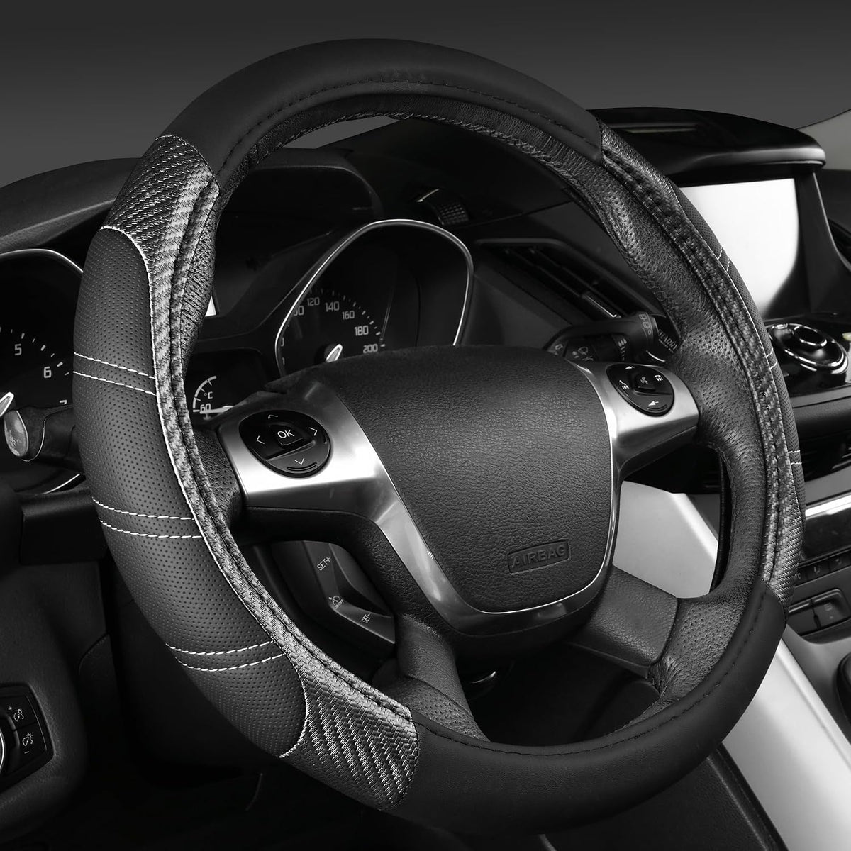 CAR PASS Funda de cuero para volante y alfombrillas impermeables para automóvil, combo universal de microfibra para autos que se adapta al 95 % de sedanes, SUV, vehículos, 14.5-15 pulgadas, diseño
