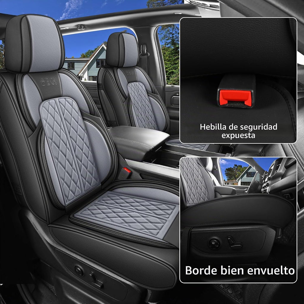 Funda de asiento de automóvil ajuste personalizado para Dodge Ram 1500 2500 3500 2002-2026, juego de fundas de asiento de piel sintética compatible con cojines de cabina regular Crew Quad (negro y gris, asiento delantero)
