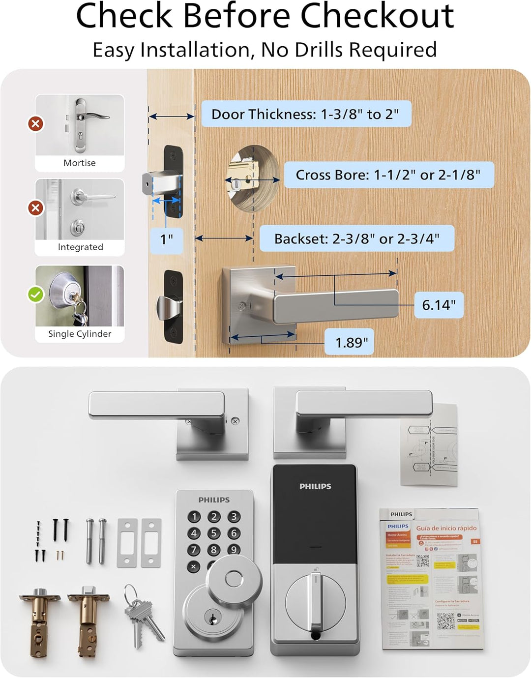 Philips Cerradura de puerta con teclado WiFi con asa, WiFi integrad...
