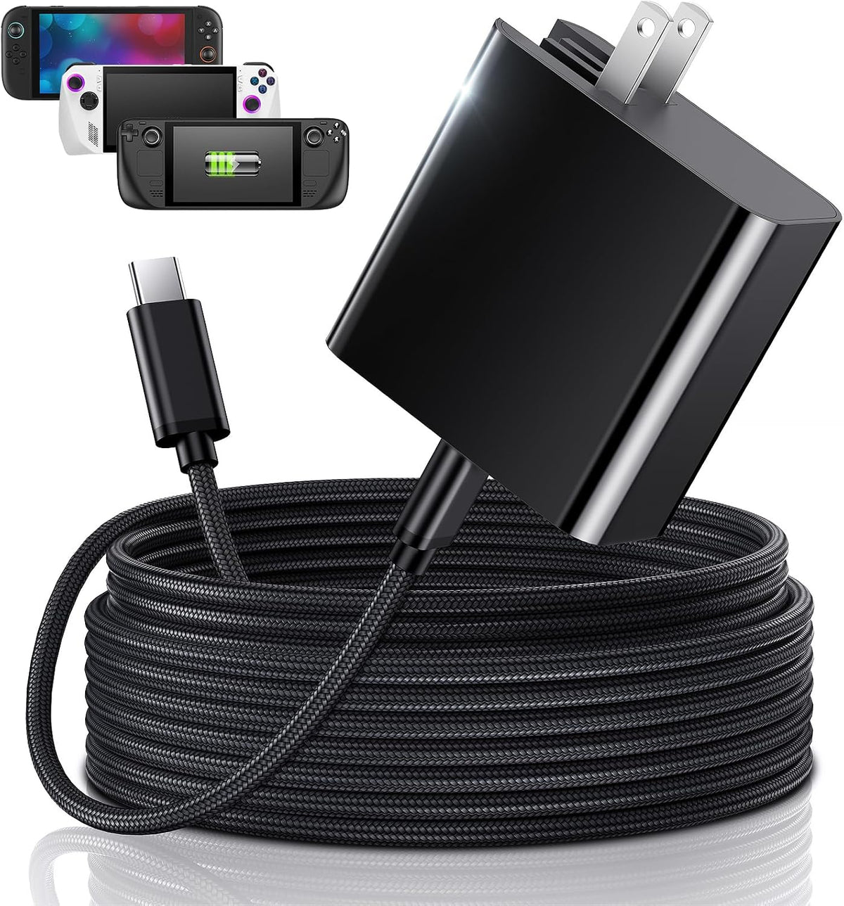 Cargador rápido USB C de 65 W para Steam Deck, Nintendo Switch 2 y ROG Ally - Adaptador de CA plegable MENEEA PD3.0 con cable de 10 pies, para base de televisión/cargador Switch 2 - Consolas para