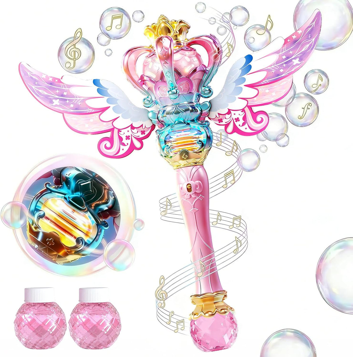 Uregoio - Varita giratoria de burbujas de princesa con luz para niñas (rosa)