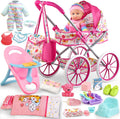 Juego de cochecito de muñeca de bebé para niñas con muñeca de bebé de 12.5 pulgadas, almohada acolchada, silla de comedor, 2 juegos de ropa de muñeca y 24 piezas de accesorios para muñecas, juguetes