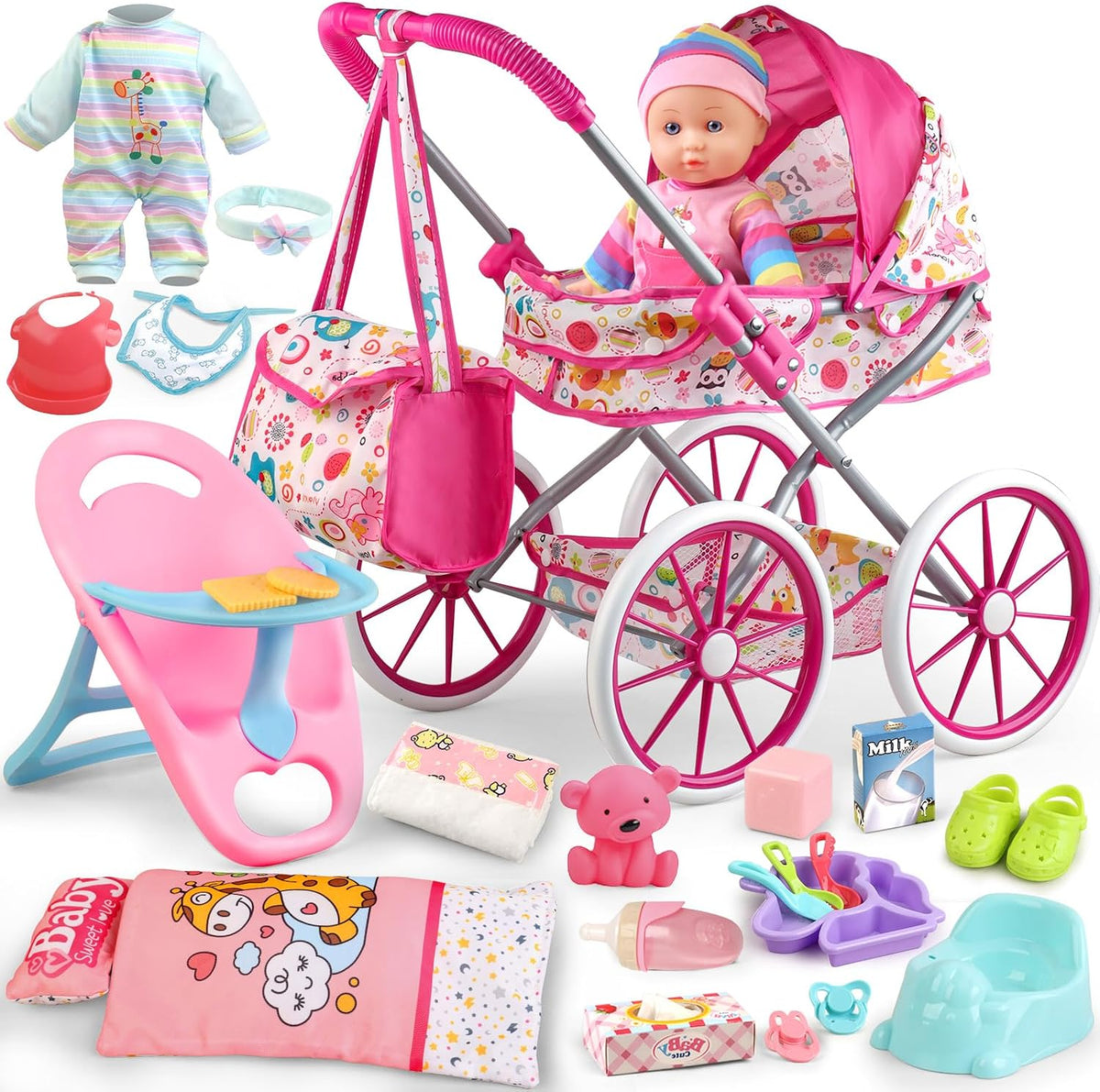 Juego de cochecito de muñeca de bebé para niñas con muñeca de bebé de 12.5 pulgadas, almohada acolchada, silla de comedor, 2 juegos de ropa de muñeca y 24 piezas de accesorios para muñecas, juguetes