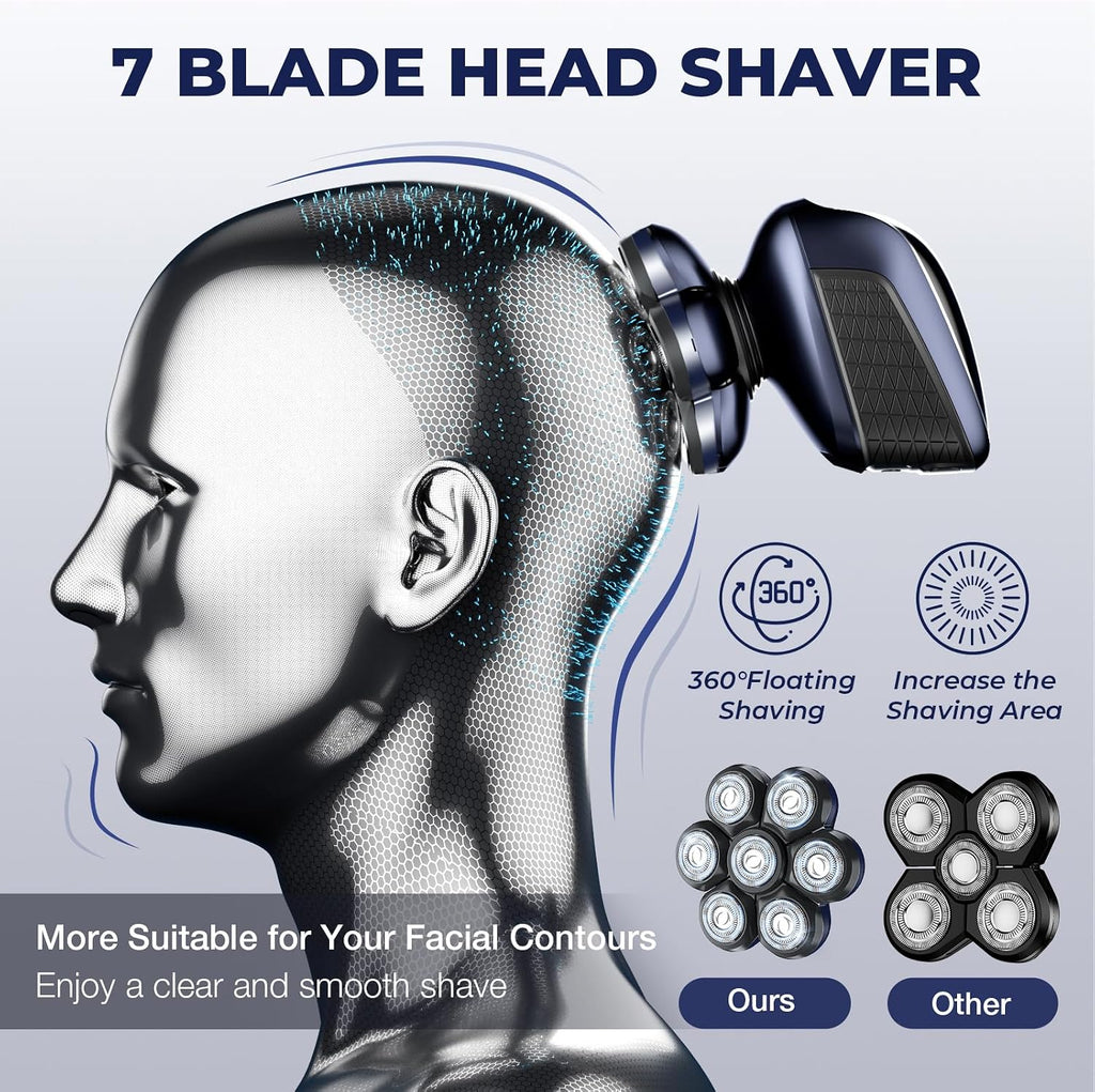 Afeitadoras de cabeza para hombres calvos: maquinilla de afeitar eléctrica 5 en 1 con cabezal flotante 7D y doble hoja - Afeitadora impermeable en seco y húmedo, bloqueo de viaje