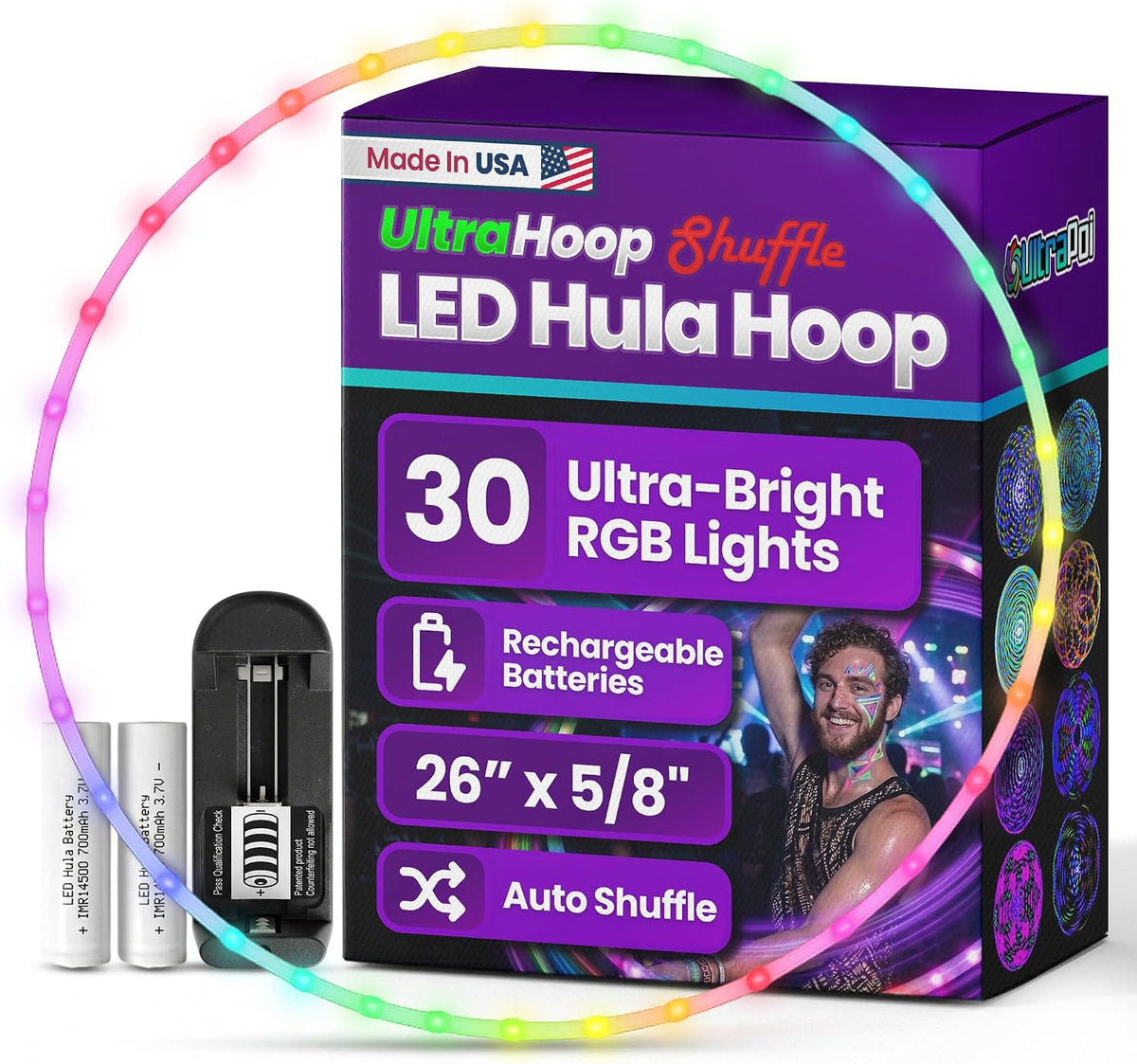 UltraHoop Shuffle LED Hoop – Aro LED inteligente con cambio de color automático y más de 100 patrones de luz – Recargable, plegable, juguetes de flujo que brillan en la oscuridad para