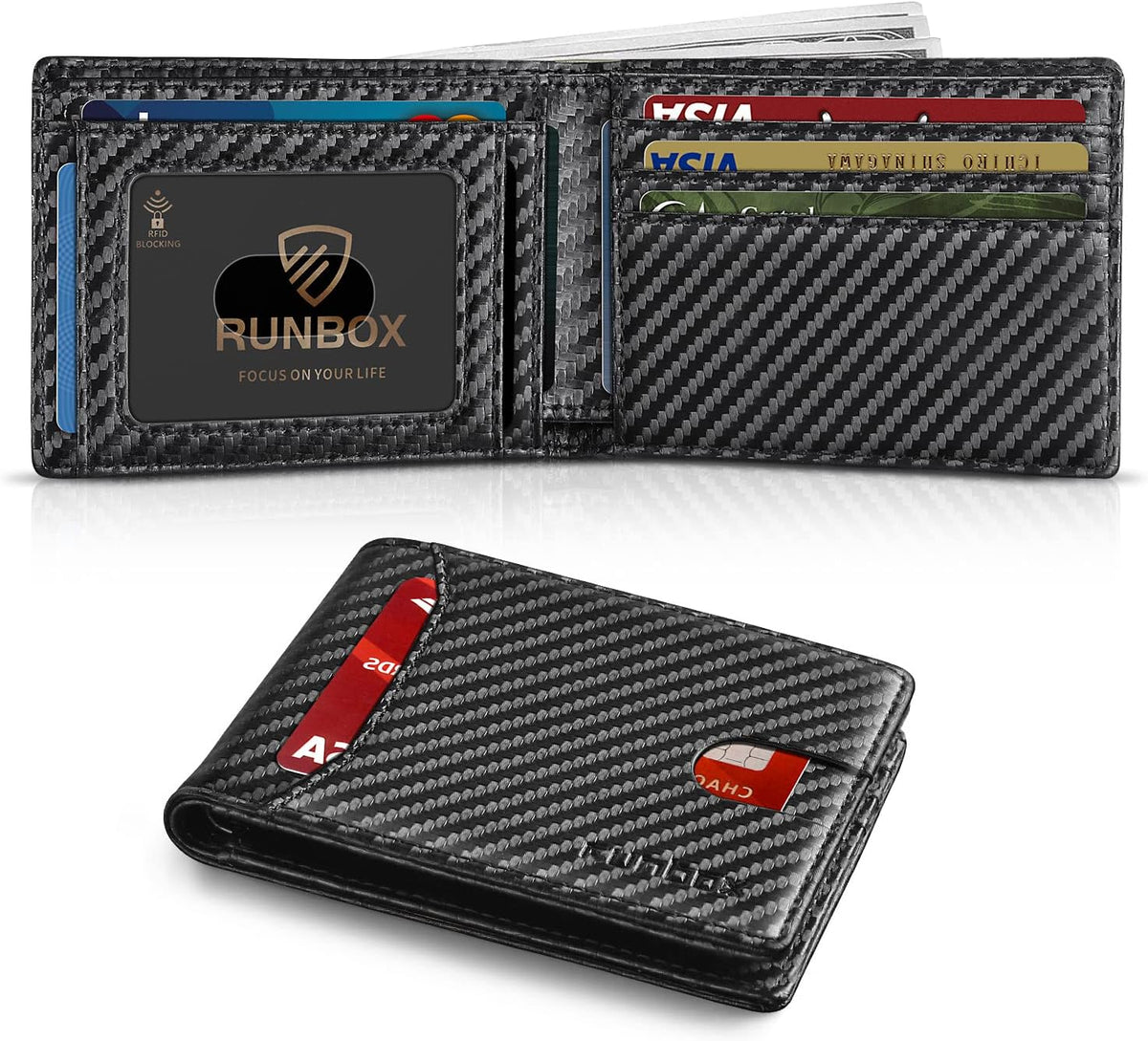 RUNBOX Cartera delgada para hombre, 11 ranuras para tarjetas de crédito, de cuero, 0 negro carbón