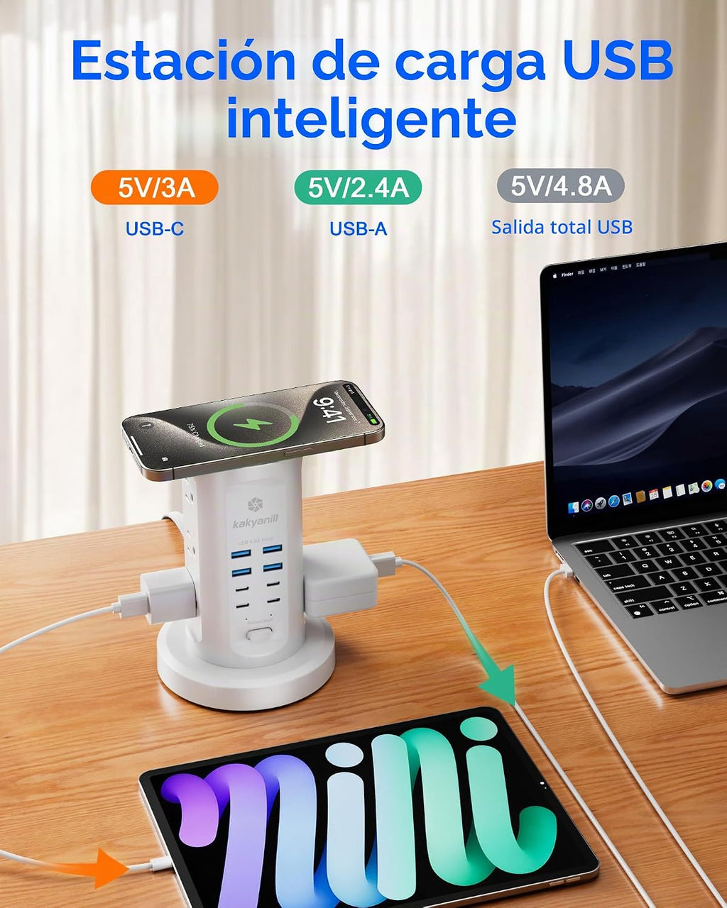Torre de Regleta de Alimentación, kakyanill Torre Protector contra Sobretensiones 9 Tomas de CA 8 USB (4 USB C), Cable de Extensión Retráctil de 6 Pies, Estación de Carga para Oficina Cuarto de