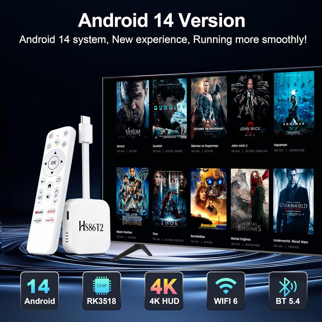 Último Smart TV Stick Android 14.0 2026 4K @60fps Ultra HD TV Stick Android Box 2GB RAM 16GB ROM RK3518 procesador Dual WiFi 6 2.4G/5G BT5 HDR10+ USB2.0 HDMI 2.0 con control remoto por voz Bluetooth