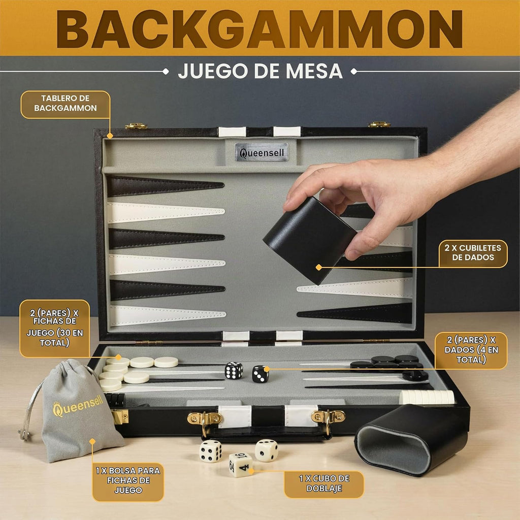 Juegos grandes de backgammon negro para adultos, juegos de mesa clásicos para 2 jugadores, adultos y niños, juego de backgammon premium de 15 pulgadas y 32 piezas de backgammon en funda de piel sintética de calidad