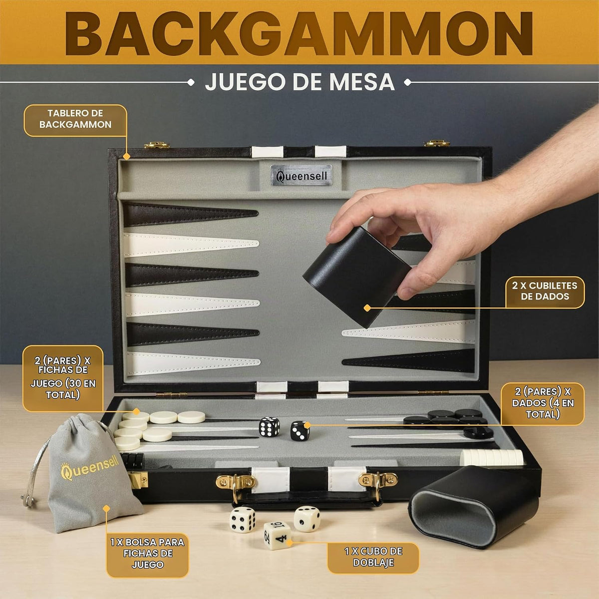 Juegos grandes de backgammon negro para adultos, juegos de mesa clásicos para 2 jugadores, adultos y niños, juego de backgammon premium de 15 pulgadas y 32 piezas de backgammon en funda de piel sintética de calidad