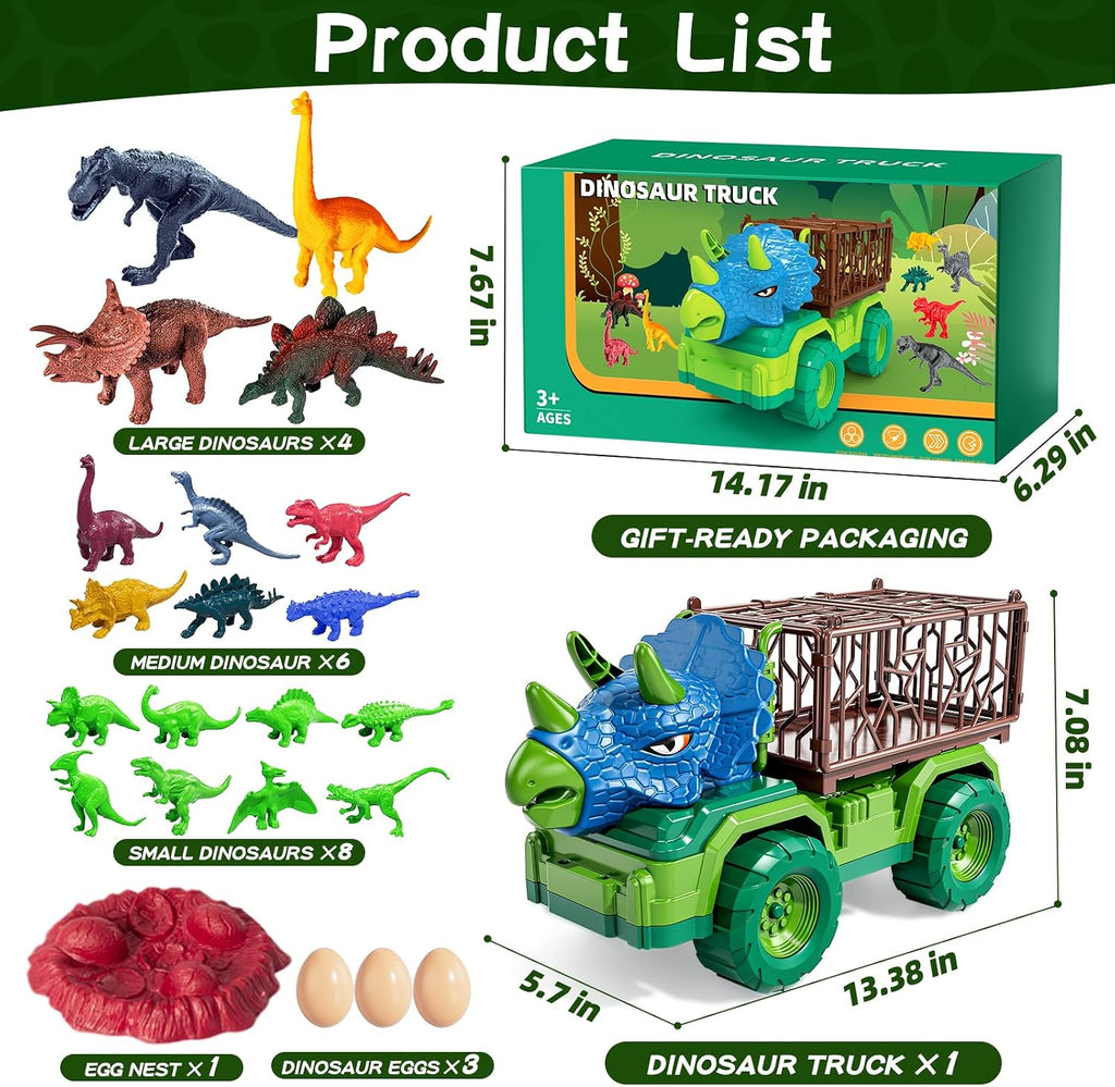 Camión de dinosaurio Triceratops 22 en 1 para niños de 3-5-7 4-8, camión transportador de dinosaurios con 18 figuras de dinosaurios jurásicos, 3 huevos de dinosaurio, 3, 4, 5, 6, 7, 8 años, regalos de cumpleaños para niños pequeños