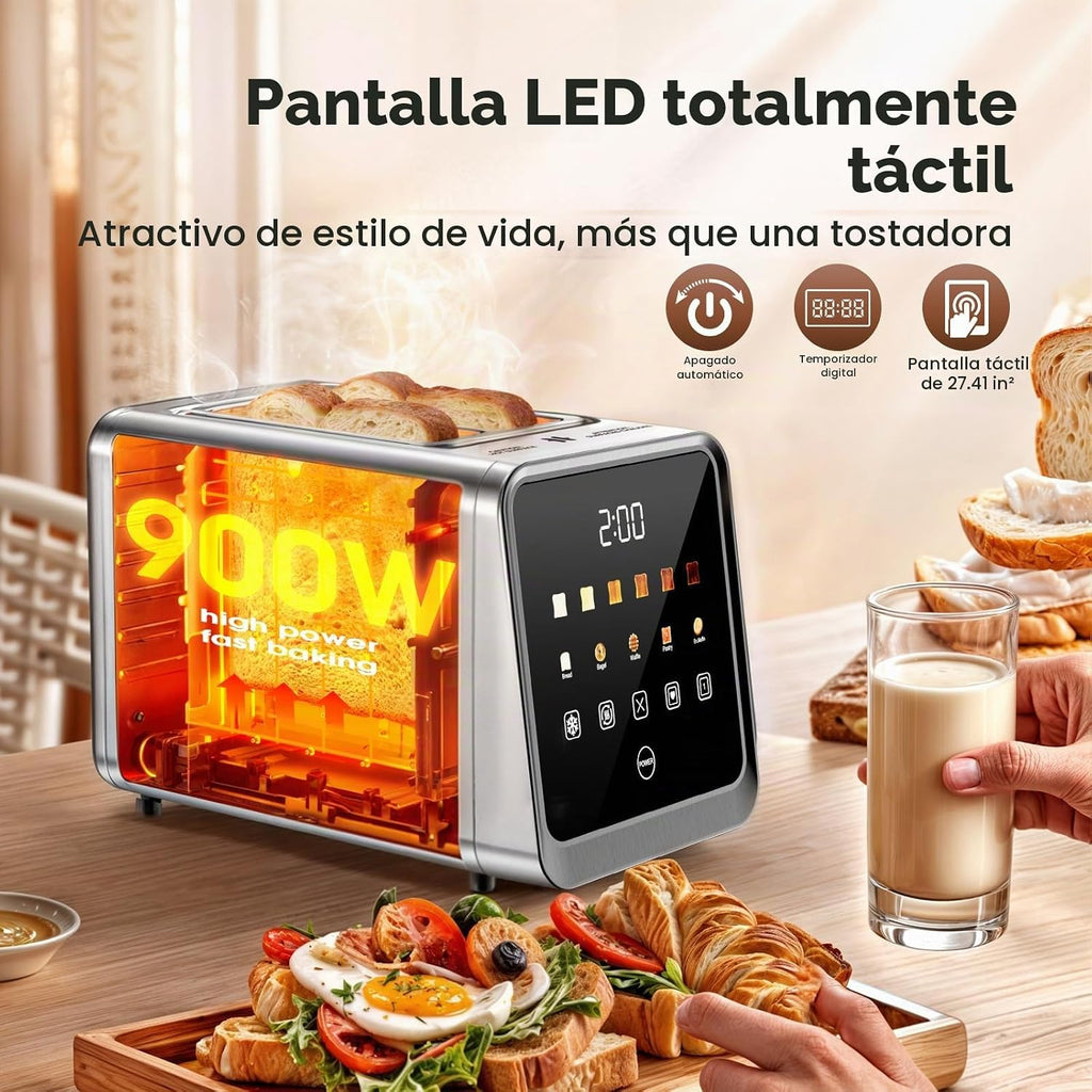 Tostadora de 2 rebanadas, pantalla táctil inteligente, ranuras anchas de