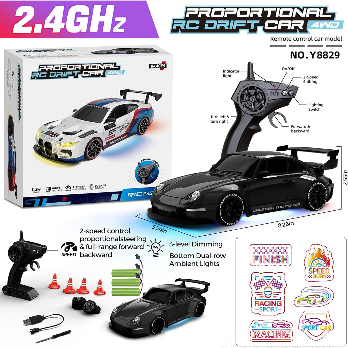 RC Drift Car, Auto a Control Remoto 1:24 para Niños y Adultos, Negro Carbón