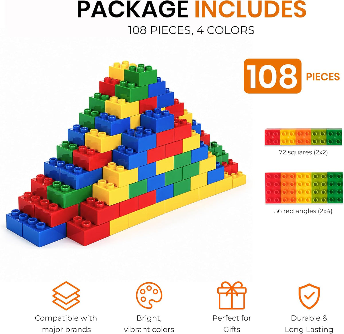 Strictly Briks Bloques grandes de juguete de construcción, compatible con Lego Duplo Set para niños pequeños y niños, juego creativo y aprendizaje, 108 juegos/colores básicos