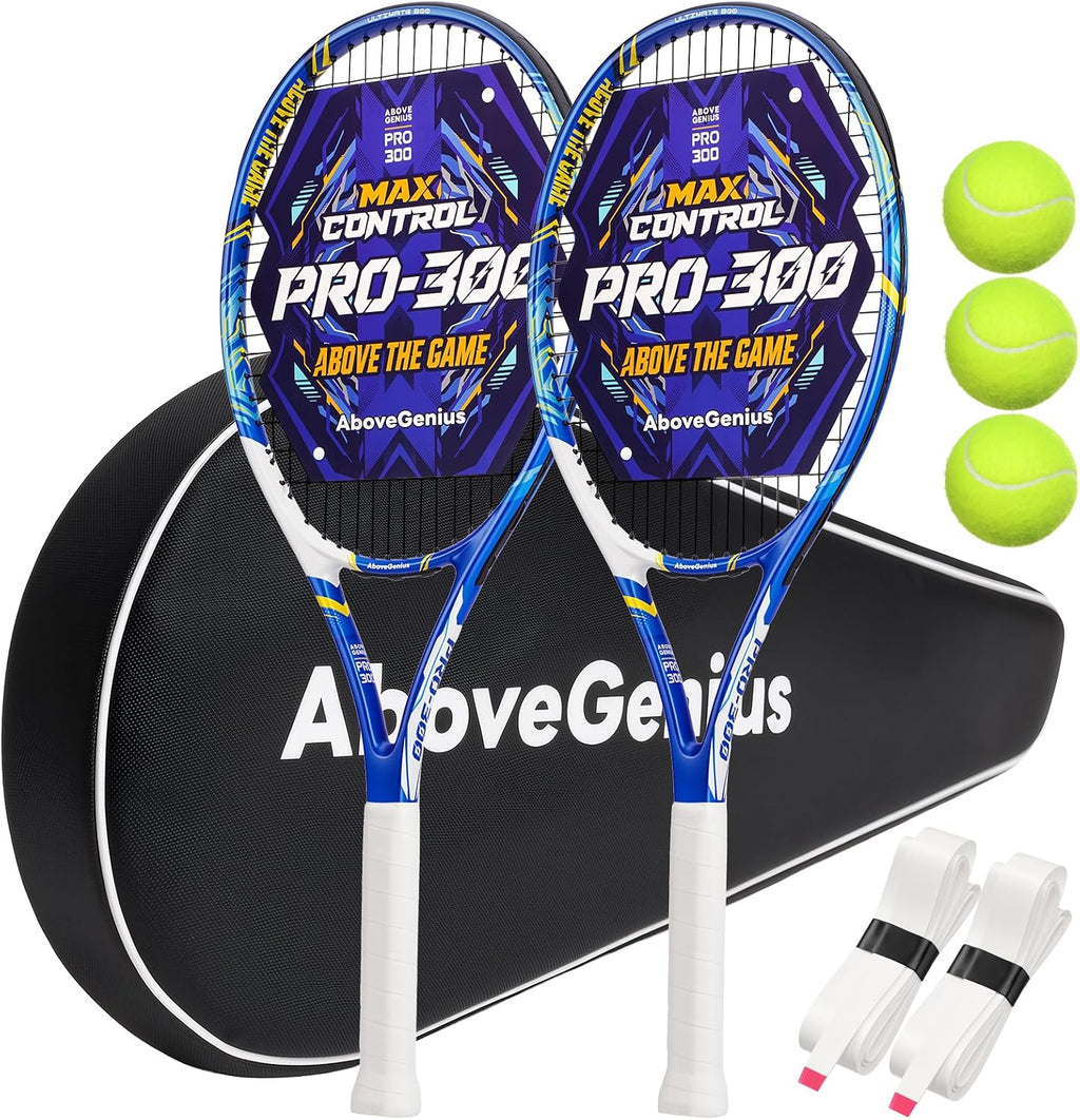 Juego de raquetas de tenis para adultos, 2 raquetas de tenis preencordadas de 27 pulgadas con marco de una pieza, cabeza de gran tamaño de 105 pulgadas cuadradas, sensación de reducción de