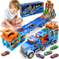 Juguetes para niños de 3, 4, 5, 6, 7, 8 años, camión transportador con sonidos de luces, regalo de cumpleaños de Navidad para niños pequeños, juego de pista de carreras de autos de capa plegable con pista de carreras, 6 autos de juguete de metal