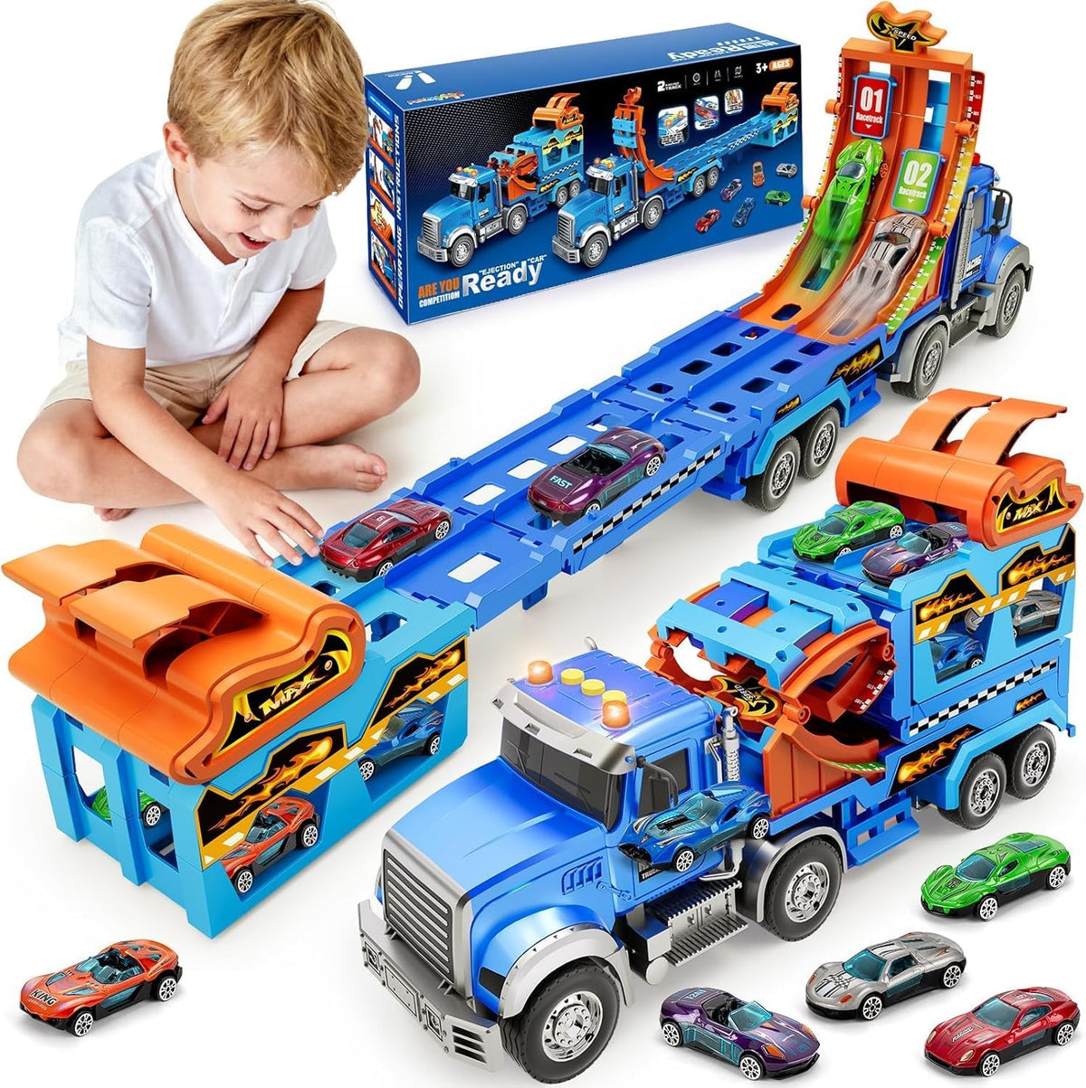 Juguetes para niños de 3, 4, 5, 6, 7, 8 años, camión transportador con sonidos de luces, regalo de cumpleaños de Navidad para niños pequeños, juego de pista de carreras de autos de capa plegable con pista de carreras, 6 autos de juguete de metal
