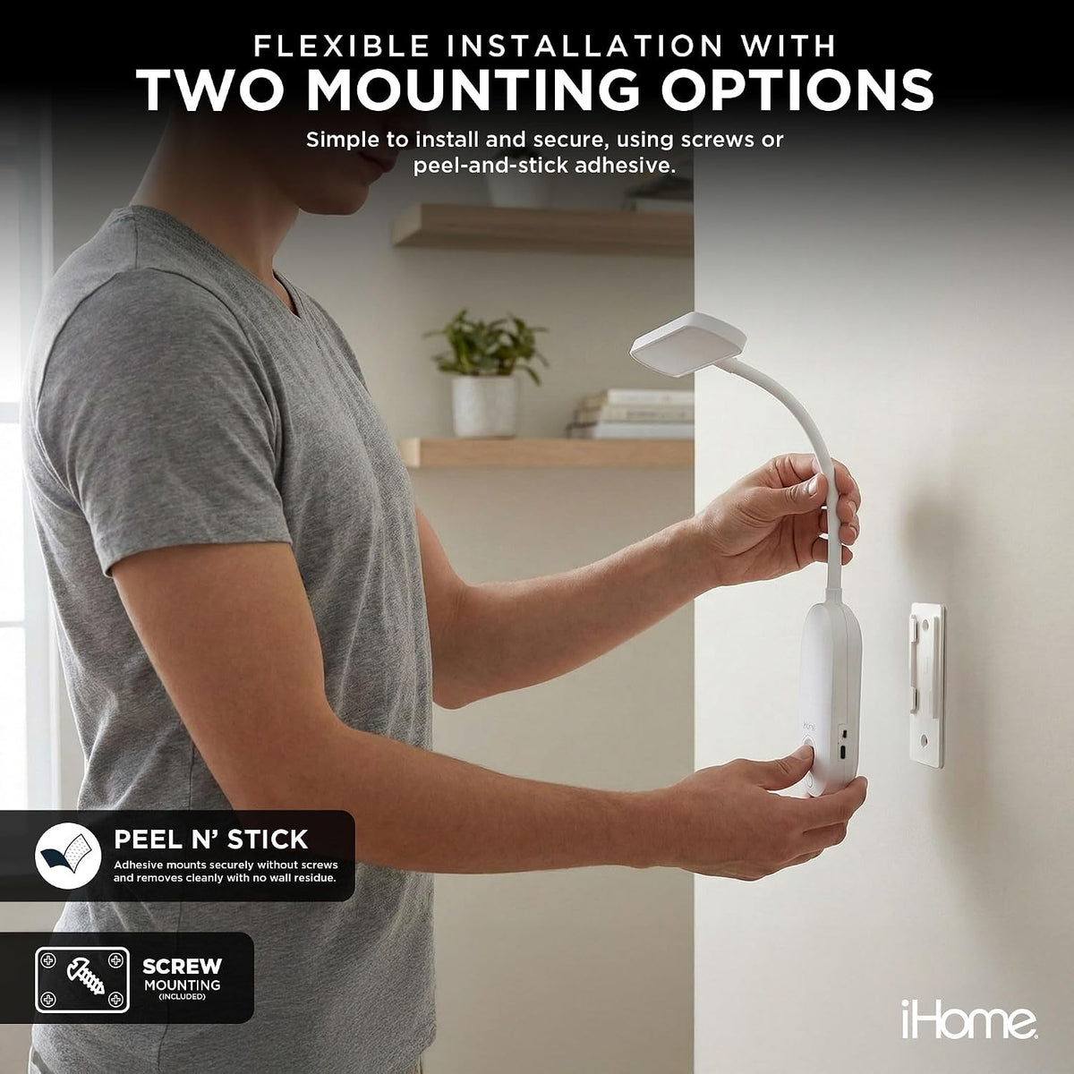 Lámpara iHome Lámpara de pared recargable con cuello de cisne ajustable, controles táctiles, tonos de color regulables, cálidos y fríos