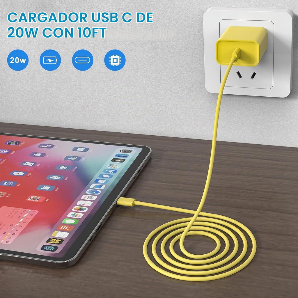 Cargador de carga rápida para iPhone 16 y 15, paquete de 3 cargadores USB C PD de 20 W con cable de 10 pies, cable USB C tipo C para iPhone 16/16 Plus/16 Pro/16 Pro Max/15/15 Pro/15 Pro Max (amarillo)