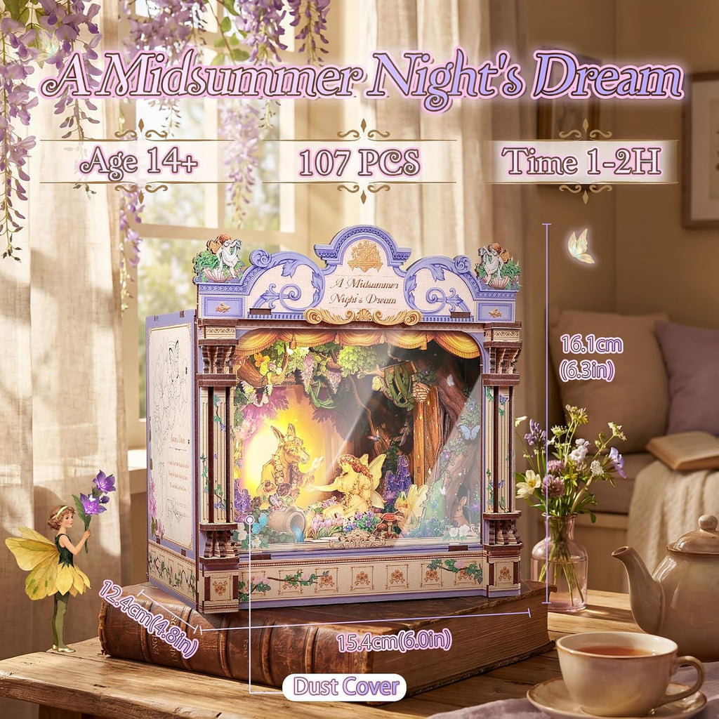 CUTEBEE Kit de casa en miniatura, rompecabezas de madera 3D para adultos, estante de rincón de libro, regalo literario de Shakespeare, bosque encantado decoración de escritorio en miniatura para