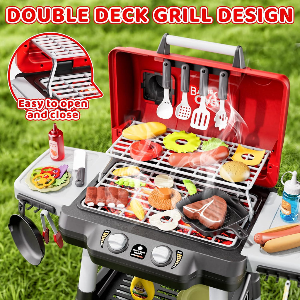 Set de juego para niños Parrilla BBQ de 2 niveles, Parrilla de juguete para niños, Comida de juego para exteriores