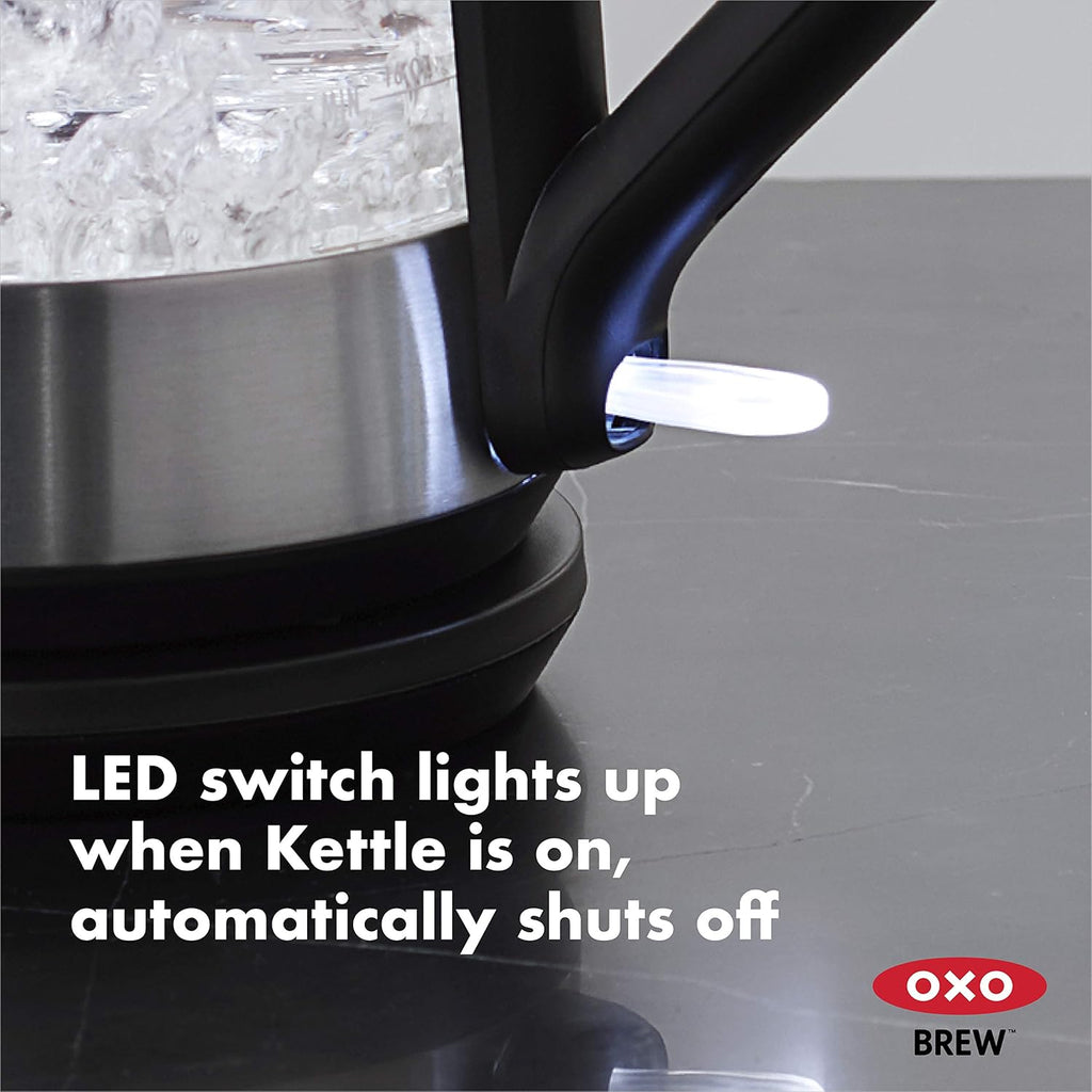 OXO Hervidor eléctrico de vidrio, inalámbrico, de acero inoxidable