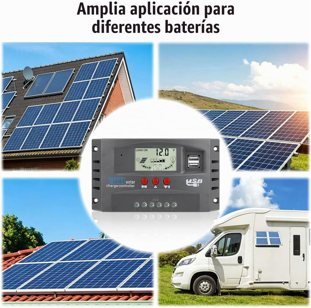 Controlador de carga de panel solar MPPT de 60 A, controlador de cargador de batería solar automático de 12 V/24 V con pantalla LCD, puerto USB dual y temporizador de ajuste de horas de