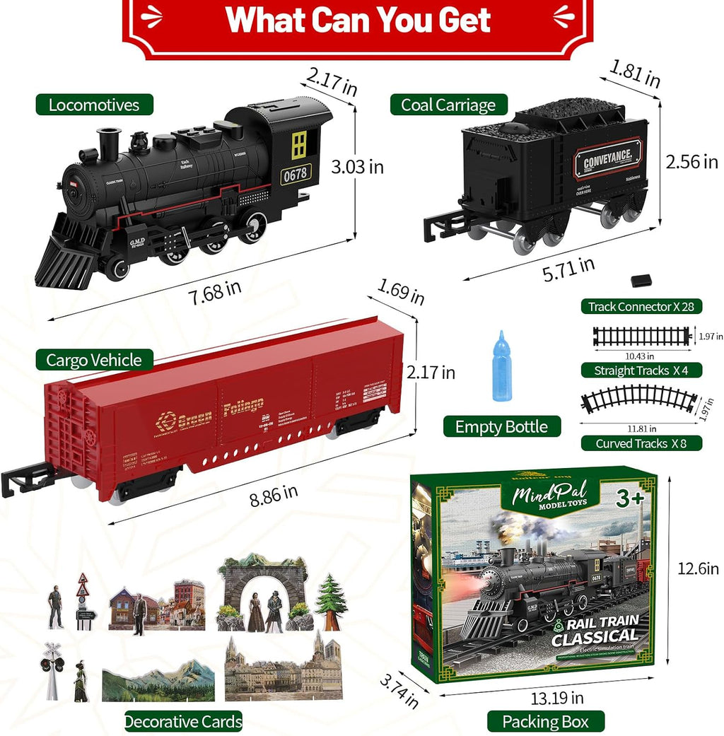 Juego de tren eléctrico con humo, luces y sonido, juego de tren para debajo del árbol de Navidad con locomotoras de vapor, autos y pistas, juguetes de tren de Navidad para niños de 3, 4, 5, 6, 7 años