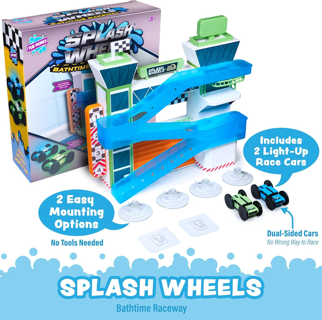 Tub Works® Splash Wheels™ Bathtime Raceway Car Ramp Toddler Bath Toy | Race Car Track con 2 Water-Activated Light-Up Racers | Light Up Bath Toys Flash & Change Colors | Engaging Bathtub Toys para Kids