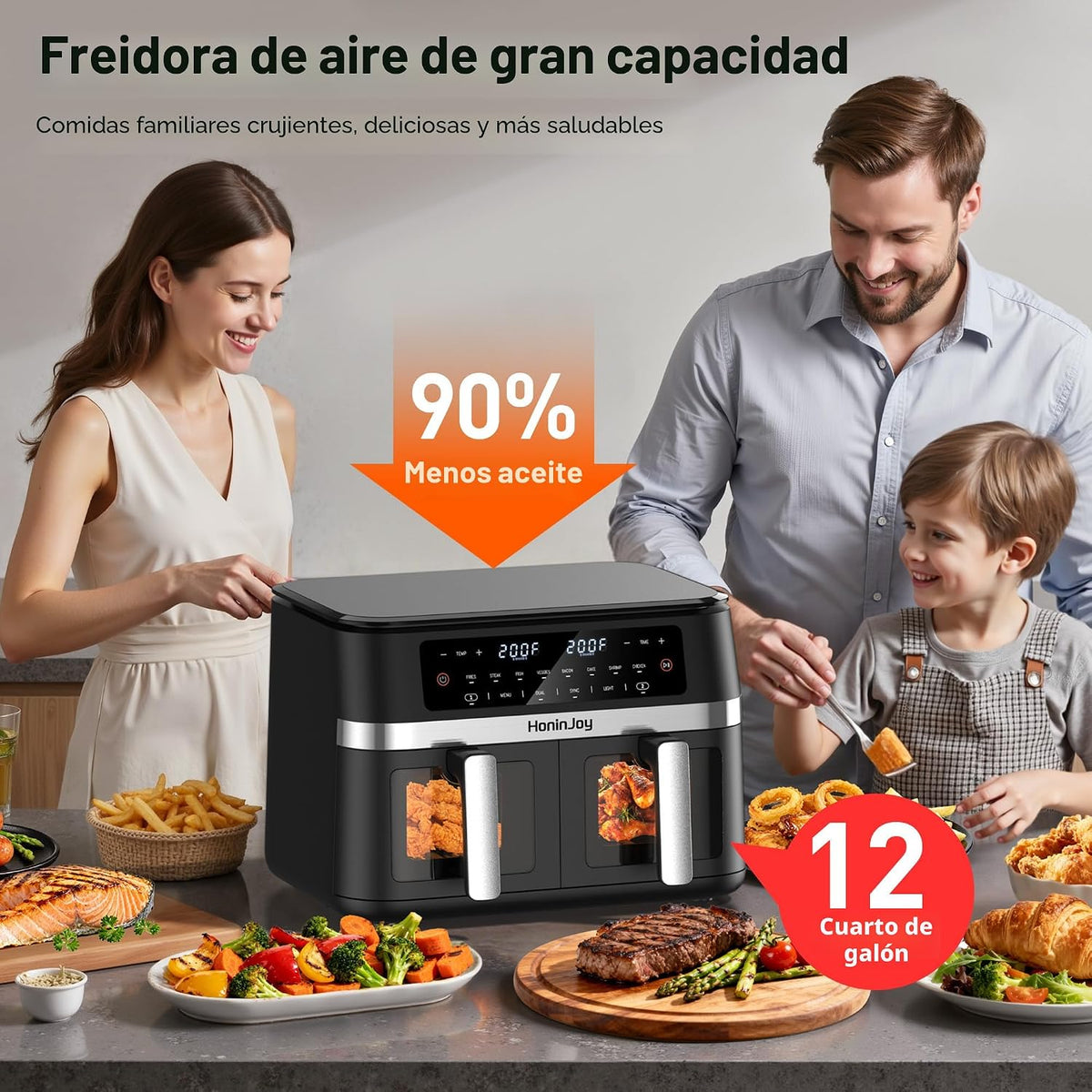 Freidora de aire doble 12 en 1 de 12 cuartos con 2 cestas y 50