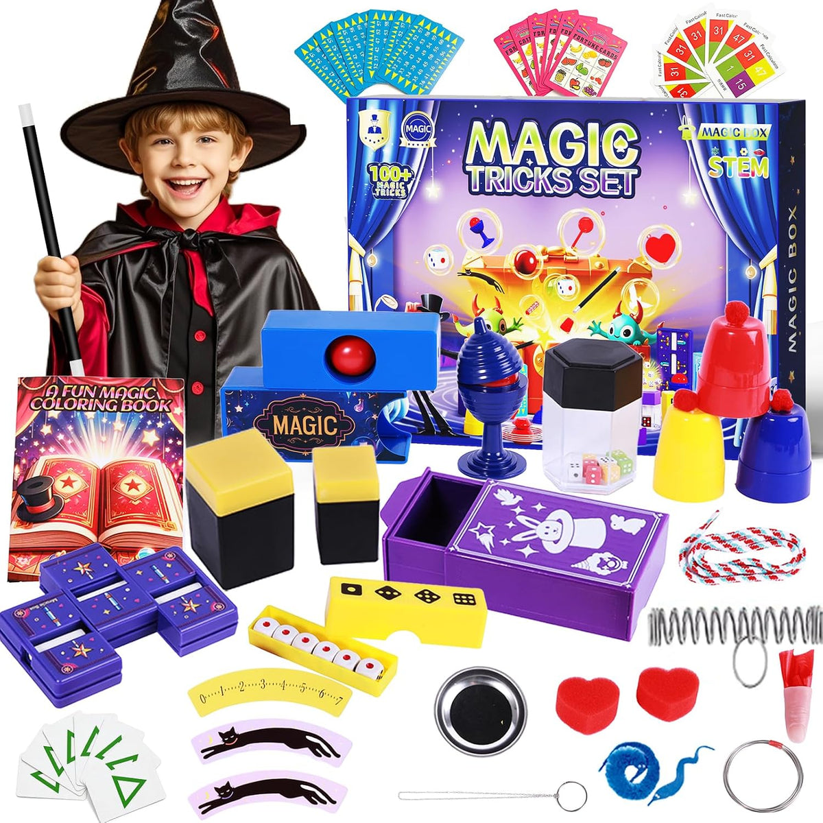 Kit de trucos de magia, 30 en 1, juego de magia para niños de 6, 7, 8, 9, 10, 11, 12, disfraz de mago para juego de simulación e instrucciones en video paso a paso para cada truco para principiantes, regalos de cumpleaños para niños