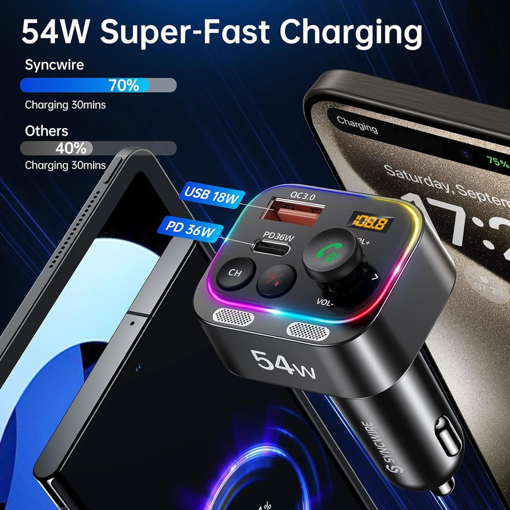 Syncwire Bluetooth 5.4 Transmisor FM Adaptador de coche 54W con interruptor