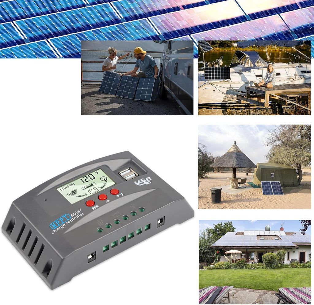 Controlador de carga de panel solar MPPT de 100 A, controlador de cargador de batería solar automático de 12 V/24 V con pantalla LCD, puerto USB dual y temporizador de ajuste de horas de