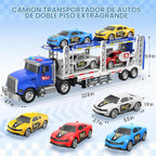 Juguete semi camión con 4 juguetes de coche, camiones de doble capa para