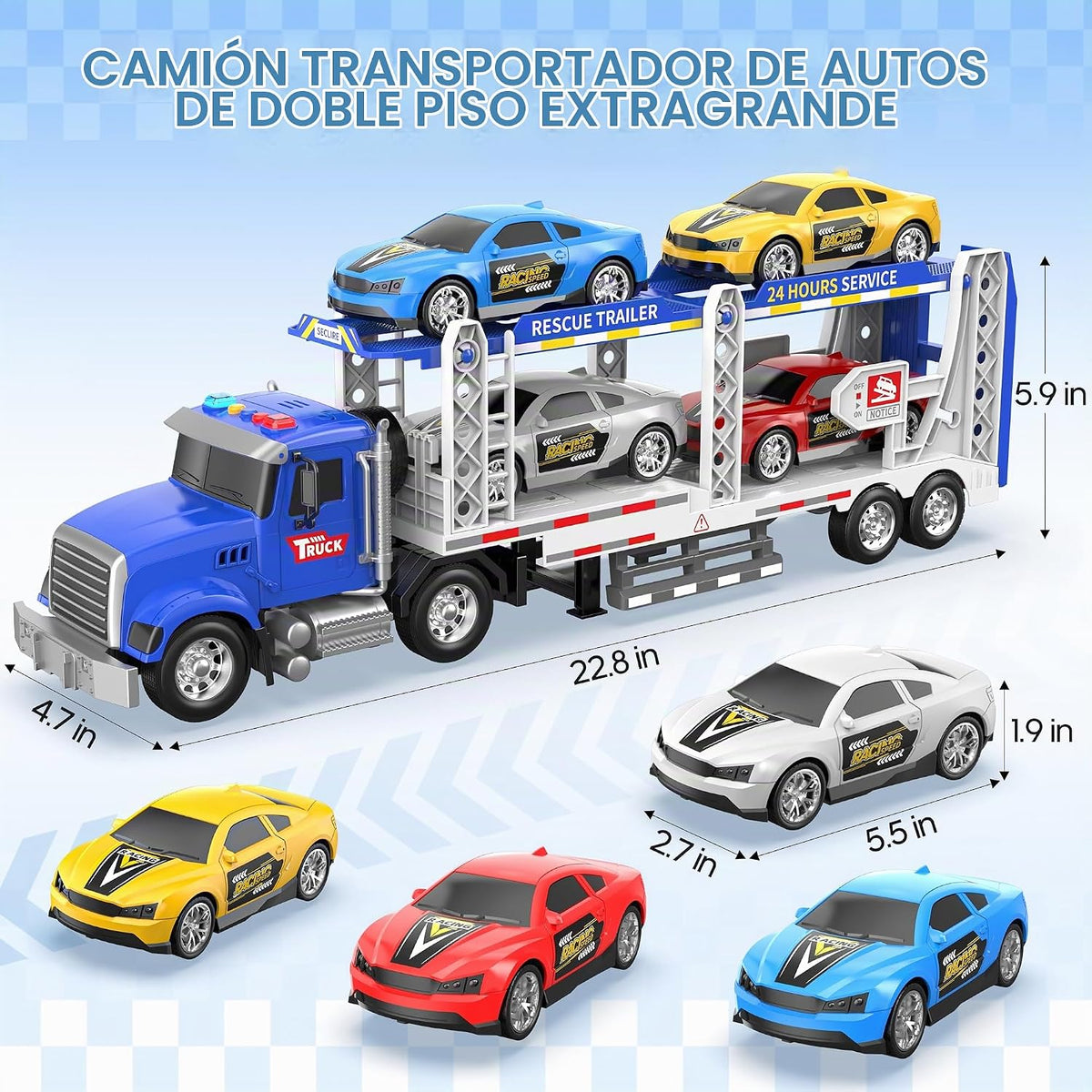 Juguete semi camión con 4 juguetes de coche, camiones de doble capa para