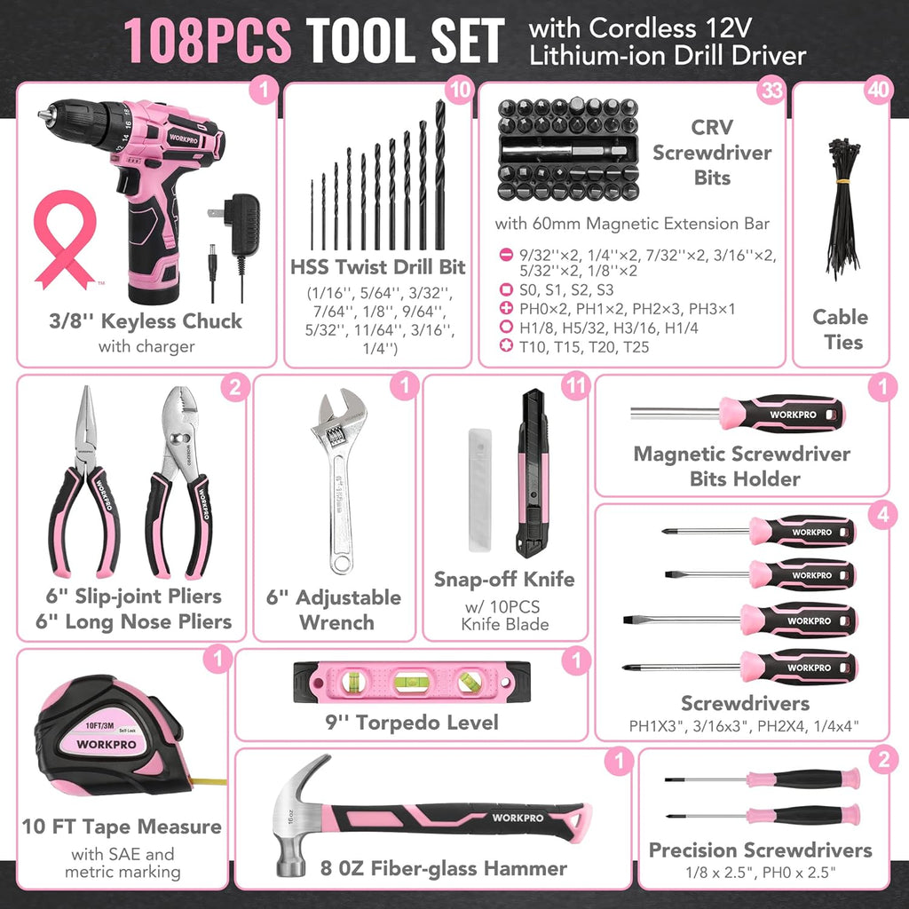 WORKPRO Juego de taladro rosa inalámbrico de 12 V para mujeres