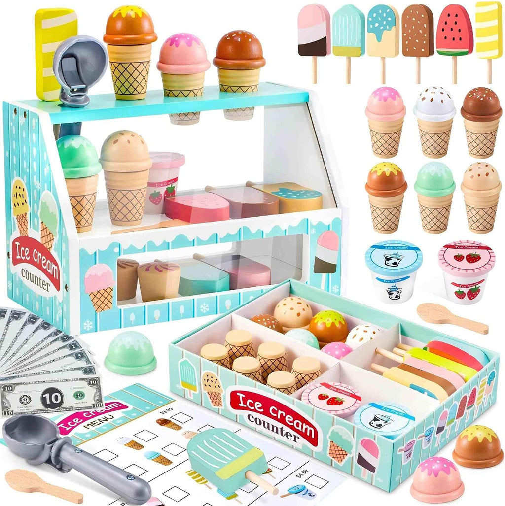 Juego de mesa de madera para contador de helados para niñas pequeñas, Play Store, juguete de simulación, accesorios de cocina con dinero y moneda falsos, regalos de cumpleaños de Navidad para niños de más de 3 años (verde)