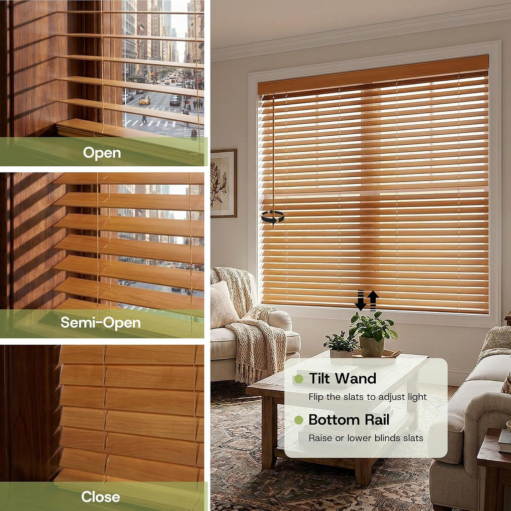 Persianas de Madera Real sin Cuerda de 2" para Interior 23"W x 48"H en Nogal Pecan Basswood
