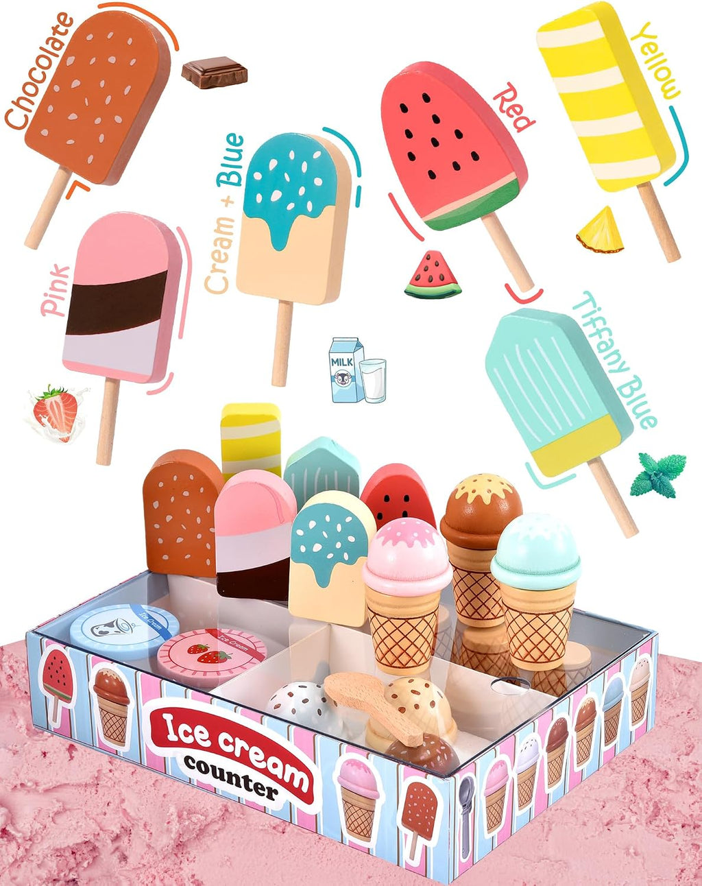 Juguetes de helado de madera para niños, tienda de juegos de cocina para niños pequeños, accesorios de cocina con cucharada, menú y dinero falso, juguetes de madera para cumpleaños de niños y niñas de 3, 4, 5 años