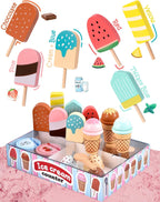 Juguetes de helado de madera para niños, tienda de juegos de cocina para niños pequeños, accesorios de cocina con cucharada, menú y dinero falso, juguetes de madera para cumpleaños de niños y niñas de 3, 4, 5 años