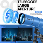 Telescopio para niños y adultos, 3.543 in de apertura, 21.654 in, telescopio astronómico profesional para adultos de alta potencia, telescopios de viaje portátiles para principiantes con trípode y adaptador, bolsa, taburete plegable