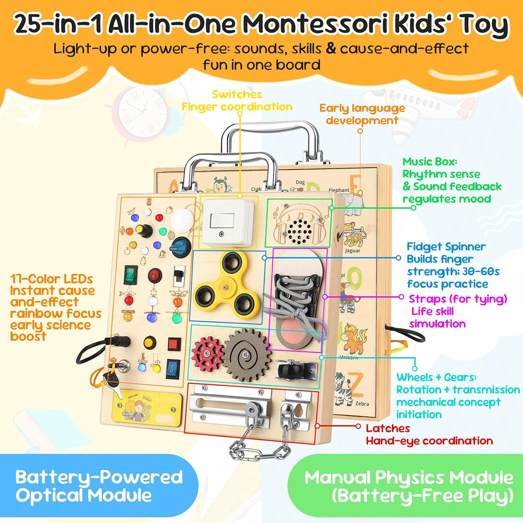 Montessori - Tablero de actividades sensoriales y luces LED para niños pequeños, tablero de madera con cajas de música y cerraduras y 17 luces LED, juguete educativo de viaje, regalo de cumpleaños