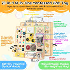 Montessori - Tablero de actividades sensoriales y luces LED para niños pequeños, tablero de madera con cajas de música y cerraduras y 17 luces LED, juguete educativo de viaje, regalo de cumpleaños